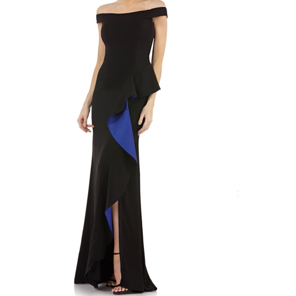 Carmen Marc Valvo Infusion Ruffle Off The Shoulder Gown, Black/Cobalt Size 2